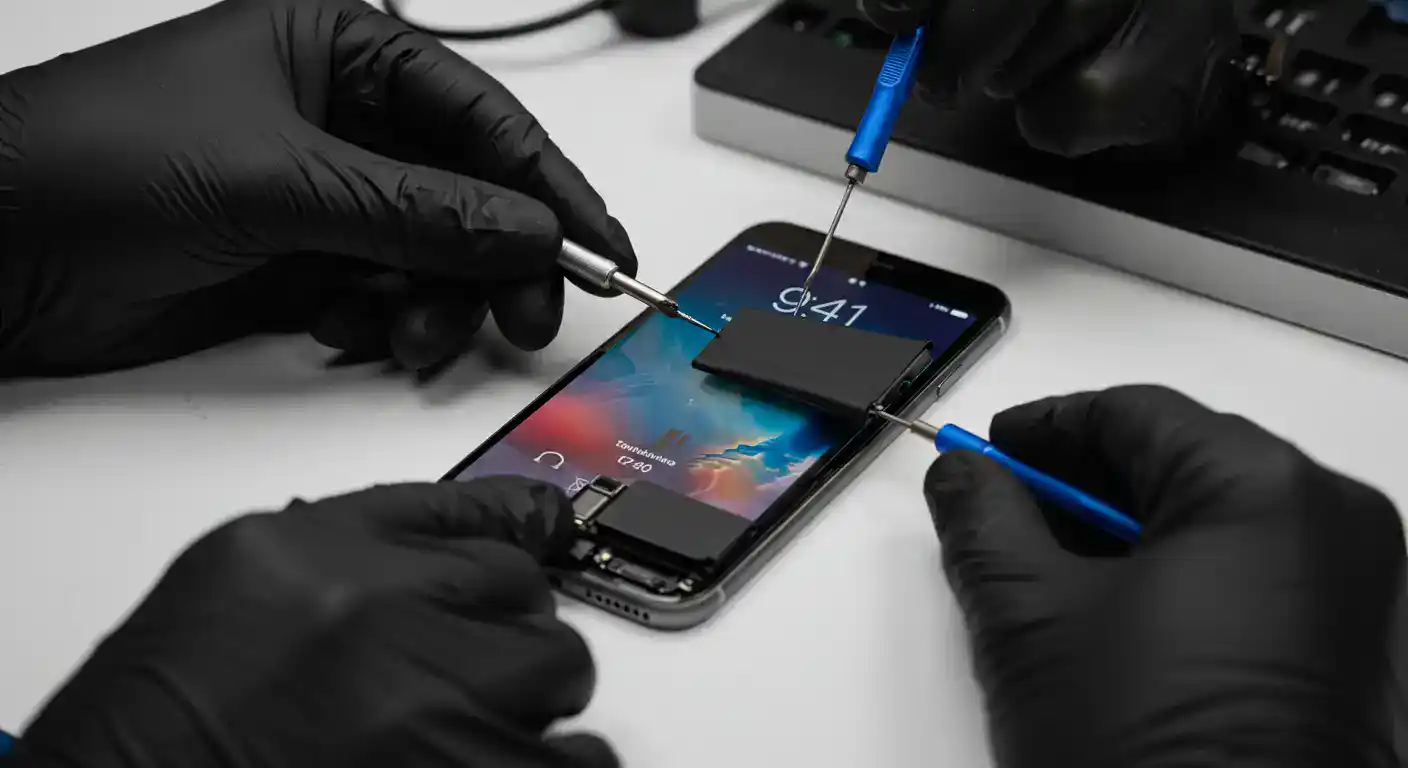 iPhone battery replacement process showing old vs new battery