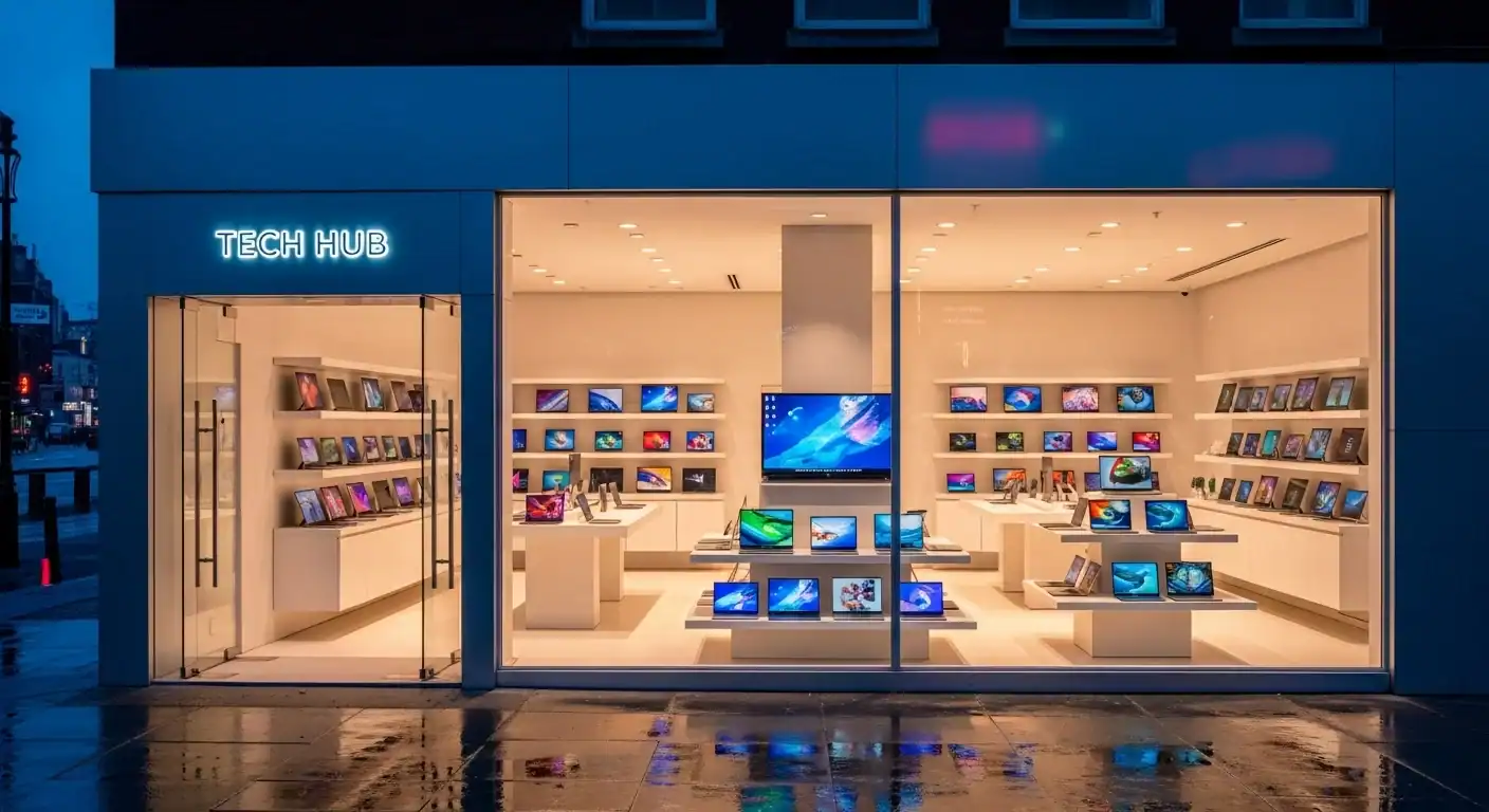 A modern storefront displaying a variety of the latest laptops.