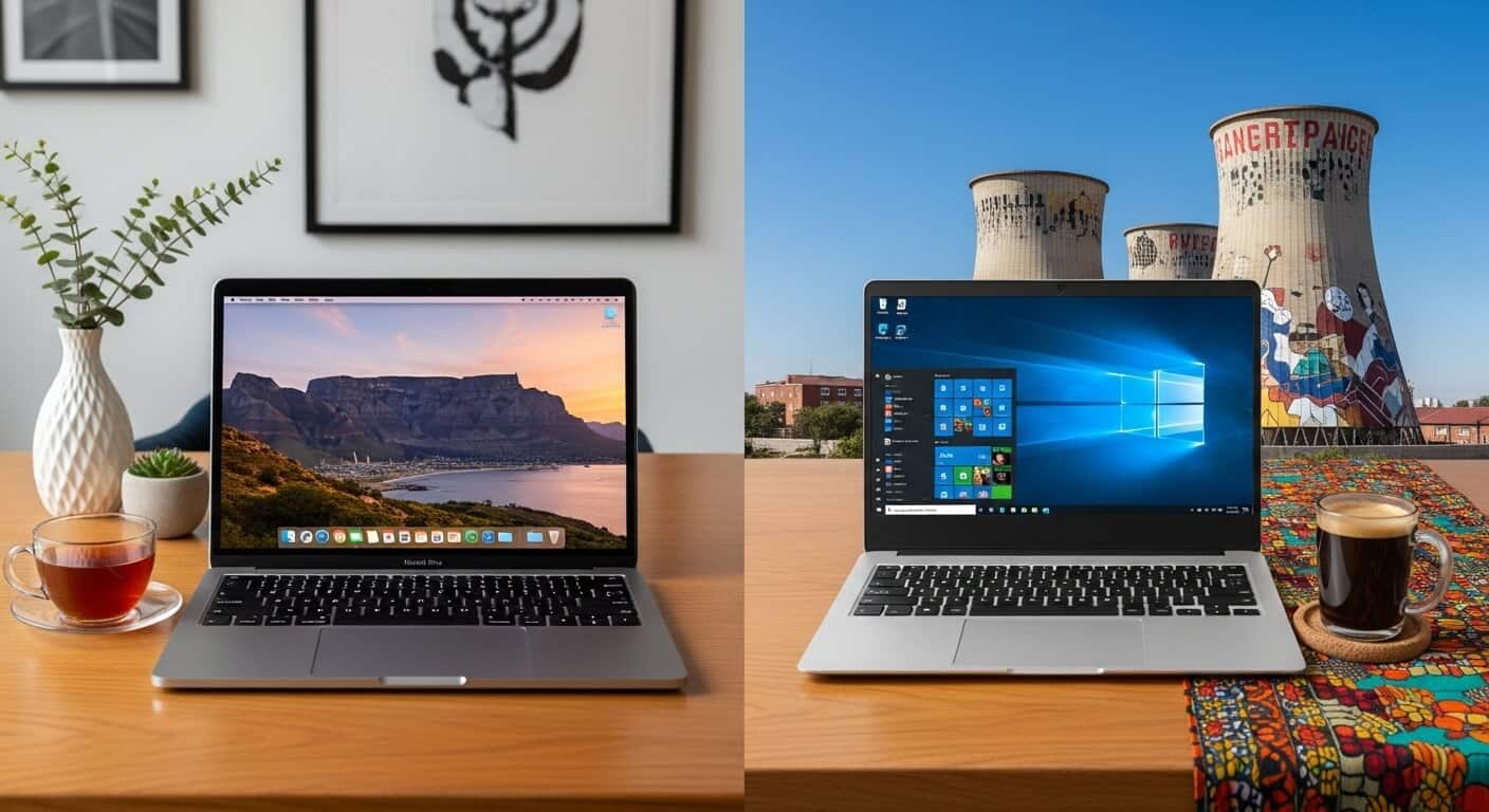 A MacBook and a Windows laptop on a desk.