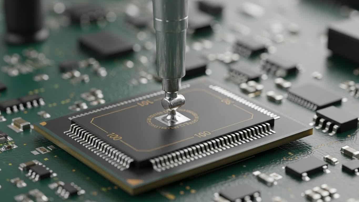 Close up view of a chip being soldered onto a logic board