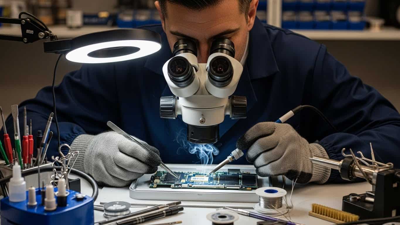 Micro-soldering technician repairing a MacBook logic board under a microscope