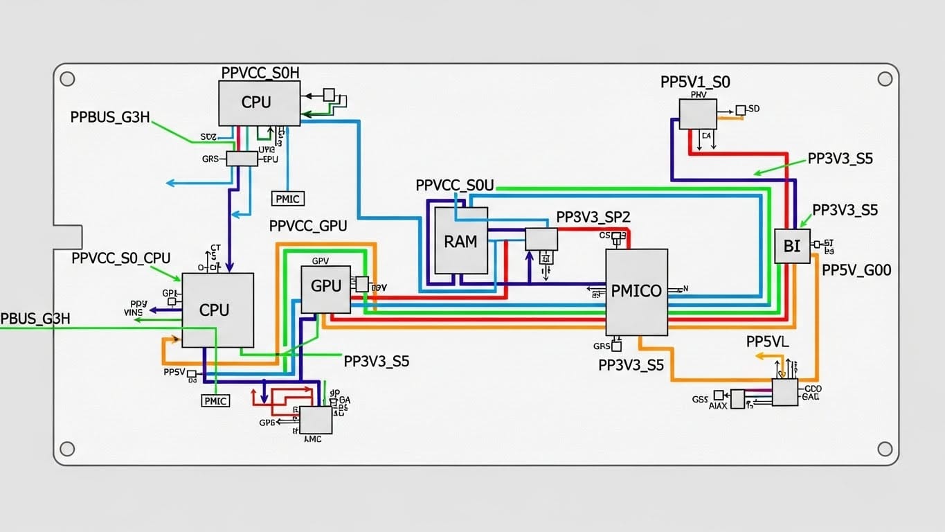 Schematic diagram of a MacBook Logic Board showing power rails