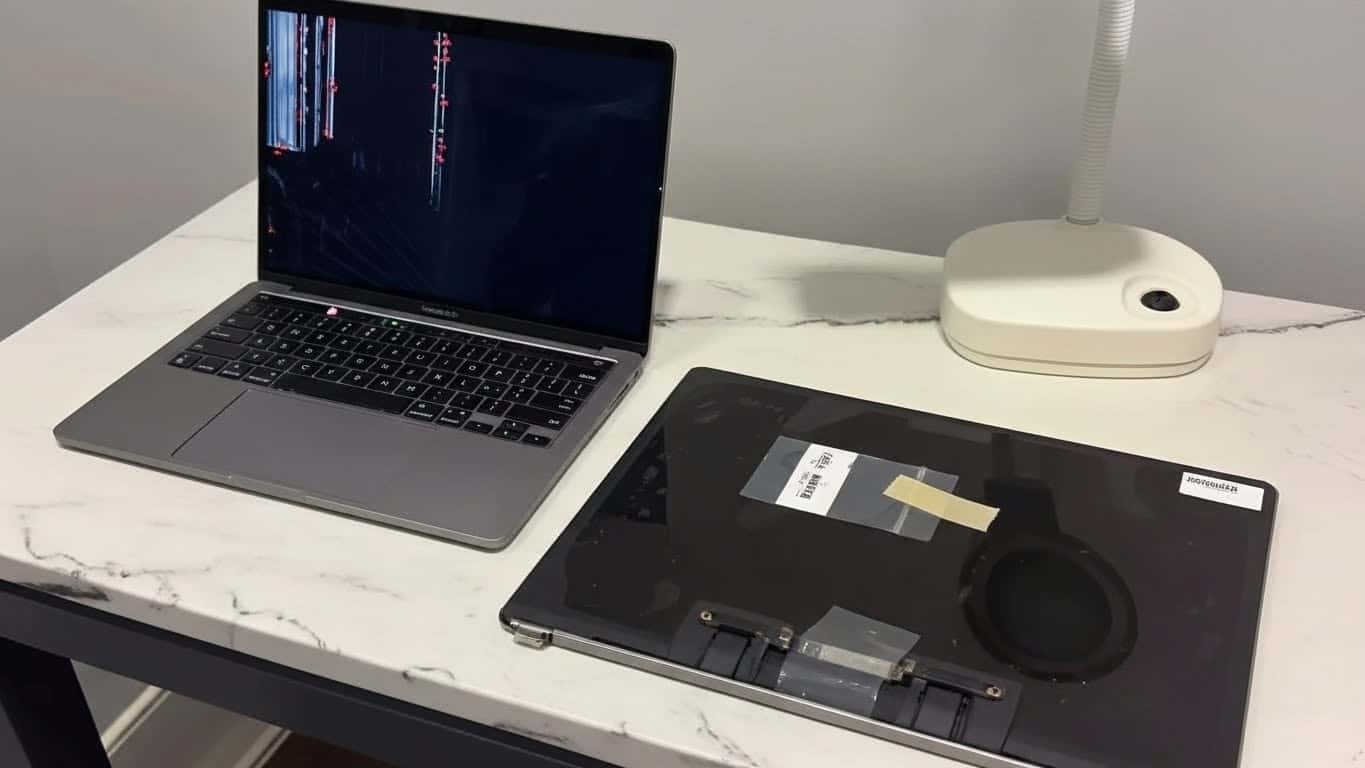 Technician using a True Tone programmer to restore MacBook screen functionality